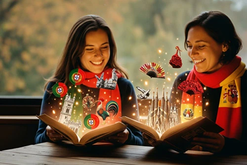 Jesienne kursy języka hiszpańskiego i portugalskiego w Alma Española - dwie kobiety otwierają magiczne księgi z symbolami Hiszpanii i Portugalii.