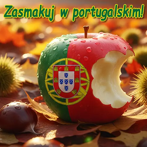 Nadgryzione jabłko z flagą Portugalii na tle jesiennych liści i kasztanów. Grafika promująca jesienne kursy języka portugalskiego w Alma Española.