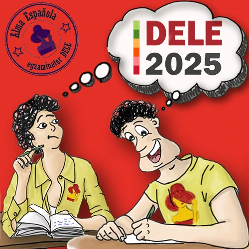 Grafika informacyjna o egzaminie DELE w listopadzie 2025 w szkole językowej Alma Española.