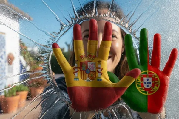 Dłonie z flagami Hiszpanii i Portugalii roztapiają lód na szybie – zapowiedź wiosennych kursów stacjonarnych w Katowicach oraz online w Alma Española