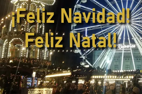 Świąteczne i noworoczne życzenia po hiszpańsku i portugalsku od szkoły Alma Española w Katowicach. Grafika z jarmarkiem bożonarodzeniowym.