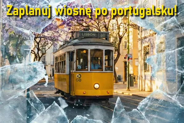 Lizboński tramwaj i pękający lód promujący wiosenne kursy portugalskiego online oraz stacjonarnie w Katowicach – Alma Española.