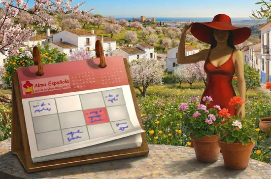 Grafika informująca o opublikowaniu wstępnego harmonogramu kursów hiszpańskiego i portugalskiego na semestr Wiosna 2026 w Alma Española.