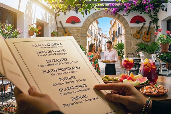 Osoba trzymająca menu z cennikiem wakacyjnych kursów hiszpańskiego i portugalskiego na tle słonecznego, południowego patio.