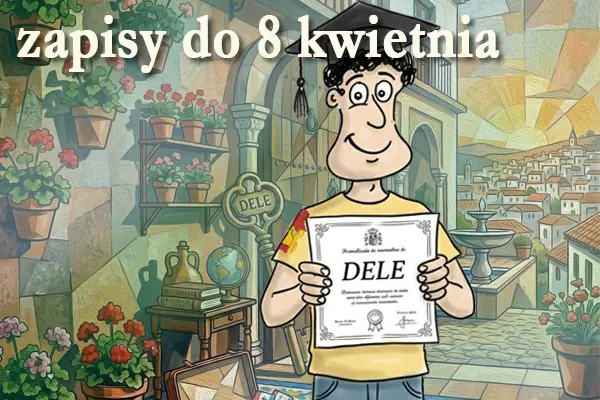 Kolorowa ilustracja przedstawiająca uśmiechniętego ucznia w birecie, który dumnie prezentuje certyfikat DELE na tle urokliwego hiszpańskiego patio z fontanną. W górnej części grafiki widnieje napis: zapisy do 8 kwietnia.