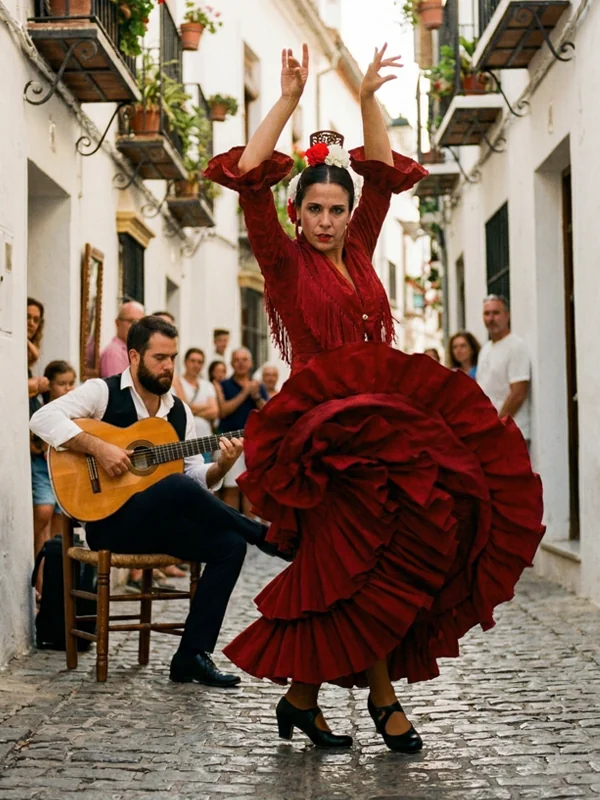 Tancerka w czerwonej sukni tańcząca autentyczne flamenco na hiszpańskiej ulicy przy akompaniamencie gitary. Zaproszenie na kursy hiszpańskiego.