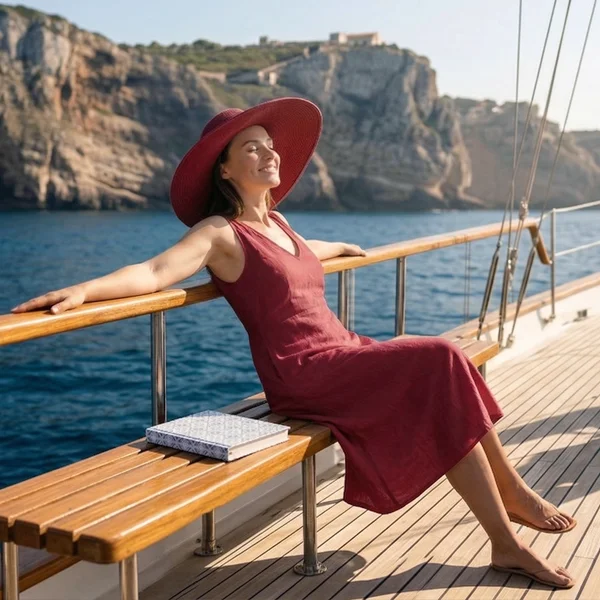 Uśmiechnięta kobieta w czerwonej sukience i kapeluszu, relaksująca się na pokładzie jachtu na tle imponujących portugalskich klifów - zaproszenie na wakacyjne kursy portugalskiego online