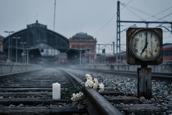 Symboliczny widok na tory stacji Atocha w Madrycie z białymi kwiatami i zgaszoną świecą – warsztaty online o historii Hiszpanii i 11-M w Alma Española.