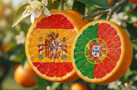 Dwie przekrojone pomarańcze rosnące na gałęzi, których miąższ przypomina flagi Hiszpanii i Portugalii. Ilustracja wakacyjnego harmonogramu kursów języka hiszpańskiego i portugalskiego.