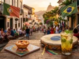 Drewniany stolik, na którym leży portugalskie ciastko pastel de nata na kafelku azulejo, brazylijski instrument pandeiro i tropikalny koktajl. W tle klimatyczna, skąpana w słońcu uliczka z flagami Portugalii i Brazylii. Elementy kultury inspirujące do efektywnej nauki języka portugalskiego.
