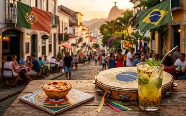 Drewniany stolik, na którym leży portugalskie ciastko pastel de nata na kafelku azulejo, brazylijski instrument pandeiro i tropikalny koktajl. W tle klimatyczna, skąpana w słońcu uliczka z flagami Portugalii i Brazylii. Elementy kultury inspirujące do efektywnej nauki języka portugalskiego.