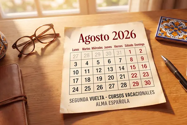 Rozłożony na drewnianym biurku kalendarz na sierpień 2026 roku z zaznaczonymi dniami, obok okularów i kafelka azulejo. Ogłoszenie drugiej tury kursów wakacyjnych w szkole Alma Española.