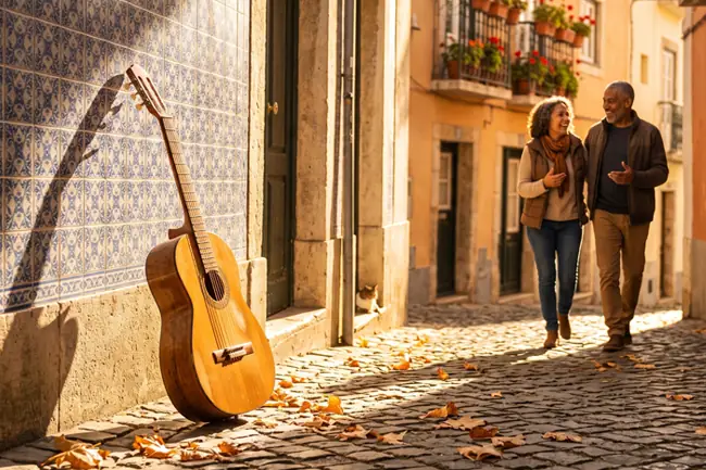 Klasyczna gitara oparta o ścianę z niebieskimi płytkami azulejos na brukowanej, skąpanej w jesiennym słońcu uliczce. Fotografia oddająca ciepły klimat jesiennych kursów języka hiszpańskiego i portugalskiego online oraz stacjonarnie w Katowicach.