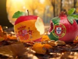 Nadgryzione jabłko we fladze Hiszpanii i granat z oficjalnym herbem Portugalii wśród jesiennych liści. Ilustracja zapowiadająca jesienne kursy hiszpańskiego i portugalskiego online oraz stacjonarnie.