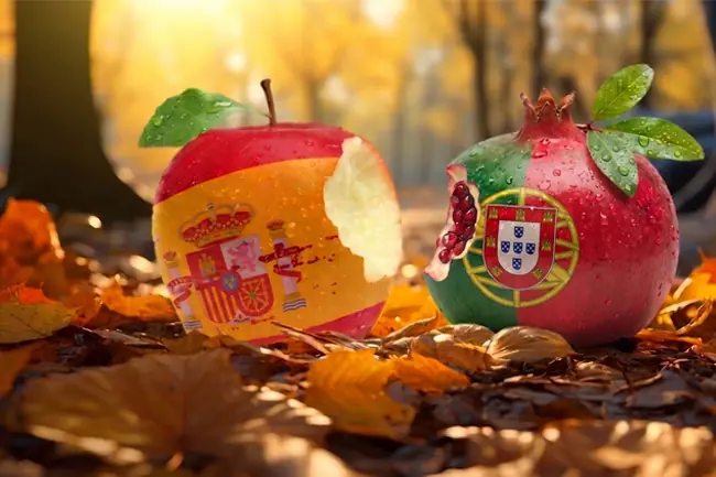 Nadgryzione jabłko we fladze Hiszpanii i granat z oficjalnym herbem Portugalii wśród jesiennych liści. Ilustracja zapowiadająca jesienne kursy hiszpańskiego i portugalskiego online oraz stacjonarnie.