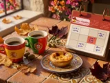 Biurkowy kalendarz szkoły Alma Española w otoczeniu filiżanek w barwach flag Hiszpanii i Portugalii, jesiennych liści oraz pastel de nata – harmonogram kursów językowych online w całej Polsce i stacjonarnie w Katowicach.