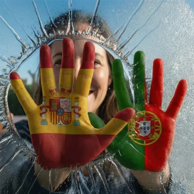 Dłonie we flagi Hiszpanii i Portugalii roztapiają lód – przełamywanie barier językowych w Alma Española (Katowice i online).