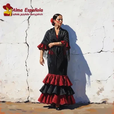 Kobieta w tradycyjnej czarno-czerwonej sukni do tańca flamenco na tle białej ściany. Promocja kursu historii i kultury Hiszpanii online w szkole Alma Española.