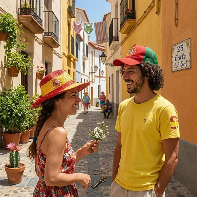 Uśmiechnięta kobieta i mężczyzna swobodnie rozmawiający na słonecznej, południowej uliczce. Kobieta ma kapelusz w barwach Hiszpanii, a mężczyzna czapkę w barwach Portugalii. Zaproszenie na wakacyjne kursy konwersacyjne z języka hiszpańskiego i portugalskiego.