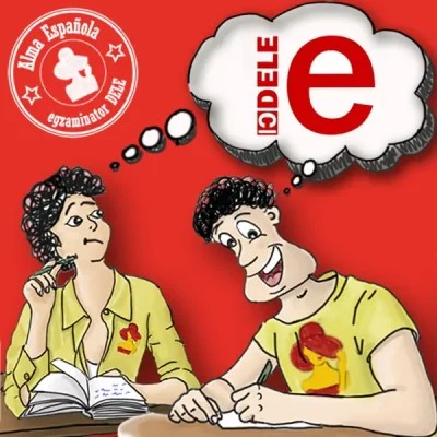 Ilustracja przedstawiająca dwójkę studentów intensywnie myślących o certyfikacie DELE. Oficjalne przygotowanie do egzaminu w szkole Alma Española. Katowice oraz kursy online.