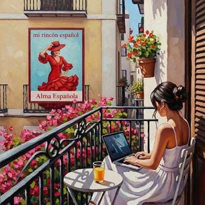 Kobieta uczy się hiszpańskiego online na laptopie, siedząc na słonecznym balkonie w stylu hiszpańskim.